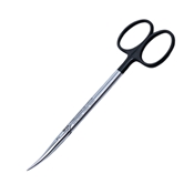 Strabismus Scissor Curved With Rounded Shanks Overall Length 4 1/2" (115mm) Round Blunt End Blades Black Ring Handles To Indicate Precision Razor Sharp Blade And Bottom Blade Serrated    